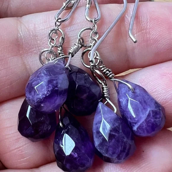 VINTAGE STERLING SILVER PURPLE AMETHYST DANGLE DROP EARRINGS 925 STERLING SILVER